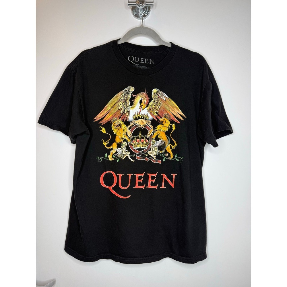 Queen Black T Shirt Graphic Short Sleeve Band Tee Classic Crest Logo Sz L